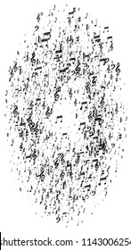 Black Musical Notes on White Background.  Vertical Orientation. Many Random Falling Bass, Treble Clef and Notes. Vector Musical Symbols.  Jazz Background. Abstract White and Black Vector Background.