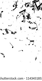 Black Musical Notes on White Background.  Vertical Orientation. Many Random Falling Notes, Bass and Treble Clef. Vector Musical Symbols.  Abstract White and Black Vector Background. Jazz Background. 