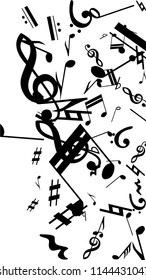 Black Musical Notes on White Background.  Vertical Orientation. Many Random Falling Notes, Bass and Treble Clef. Vector Musical Symbols.  Jazz Background. Abstract White and Black Vector Background.