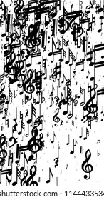 Black Musical Notes on White Background.  Vertical Orientation. Many Random Falling Notes, Bass and Treble Clef. Vector Musical Symbols.  Abstract White and Black Vector Background. Jazz Background. 