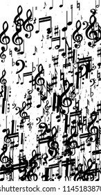 Black Musical Notes on White Background.  Vertical Orientation. Many Random Falling Bass, Treble Clef and Notes. Vector Musical Symbols.  Abstract White and Black Vector Background. Jazz Background. 