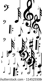 Black Musical Notes on White Background.  Vertical Orientation. Many Random Falling Notes, Bass and Treble Clef. Vector Musical Symbols.  Abstract White and Black Vector Background. Jazz Background. 