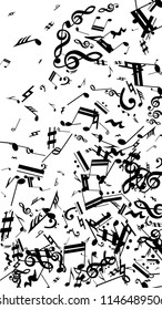 Black Musical Notes on White Background.  Vertical Orientation. Many Random Falling Notes, Bass and Treble Clef. Vector Musical Symbols.  Abstract White and Black Vector Background. Jazz Background. 