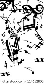 Black Musical Notes on White Background.  Vertical Orientation. Many Random Falling Bass, Treble Clef and Notes. Vector Musical Symbols.  Jazz Background. Abstract Black and White Vector Background.
