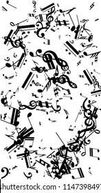 Black Musical Notes on White Background.  Vertical Orientation. Many Random Falling Notes, Bass and Treble Clef. Vector Musical Symbols.  Abstract White and Black Vector Background. Jazz Background. 