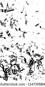 Black Musical Notes on White Background.  Vertical Orientation. Many Random Falling Bass, Treble Clef and Notes. Vector Musical Symbols.  Jazz Background. Abstract Black and White Vector Background.