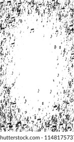 Black Musical Notes on White Background.  Vertical Orientation. Many Random Falling Notes, Bass and Treble Clef. Vector Musical Symbols.  Jazz Background. Abstract Black and White Vector Background.