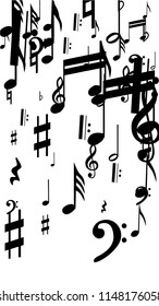 Black Musical Notes on White Background.  Vertical Orientation. Many Random Falling Notes, Bass and Treble Clef. Vector Musical Symbols.  Abstract White and Black Vector Background. Jazz Background. 