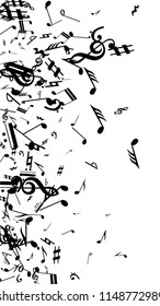 Black Musical Notes on White Background.  Vertical Orientation. Many Random Falling Bass, Treble Clef and Notes. Vector Musical Symbols.  Abstract White and Black Vector Background. Jazz Background. 