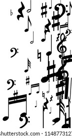 Black Musical Notes on White Background.  Vertical Orientation. Many Random Falling Bass, Treble Clef and Notes. Vector Musical Symbols.  Abstract White and Black Vector Background. Jazz Background. 