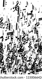 Black Musical Notes on White Background.  Vertical Orientation. Many Random Falling Bass, Treble Clef and Notes. Vector Musical Symbols.  Jazz Background. Abstract White and Black Vector Background.