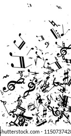 Black Musical Notes on White Background.  Vertical Orientation. Many Random Falling Bass, Treble Clef and Notes. Vector Musical Symbols.  Abstract White and Black Vector Background. Jazz Background. 