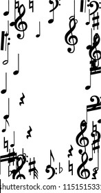 Black Musical Notes on White Background.  Vertical Orientation. Many Random Falling Bass, Treble Clef and Notes. Vector Musical Symbols.  Jazz Background. Abstract White and Black Vector Background.
