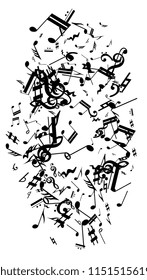 Black Musical Notes on White Background.  Vertical Orientation. Many Random Falling Bass, Treble Clef and Notes. Vector Musical Symbols.  Jazz Background. Abstract White and Black Vector Background.