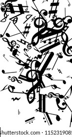 Black Musical Notes on White Background.  Vertical Orientation. Many Random Falling Notes, Bass and Treble Clef. Vector Musical Symbols.  Jazz Background. Abstract Black and White Vector Background.