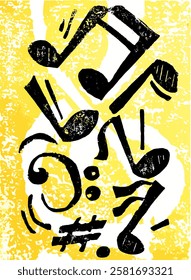 black musical notes on a yellow background. The expressive, graphic look illustrates rhythm and movement.