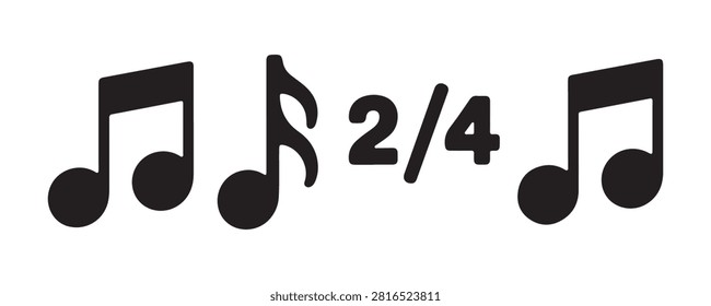 Black musical notes positioned around a time signature on transparent background.