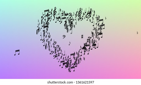  Black Musical Notes Symbol Falling on Hologram Background. Many Random Falling Notes, Bass and, Treble Clef. Disco Vector Template with Musical Symbols.