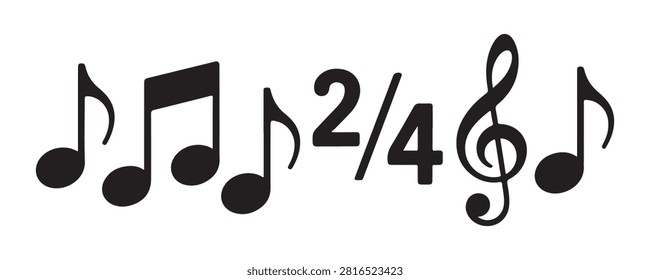 Black musical notes, a time signature, and a treble clef on transparent background.