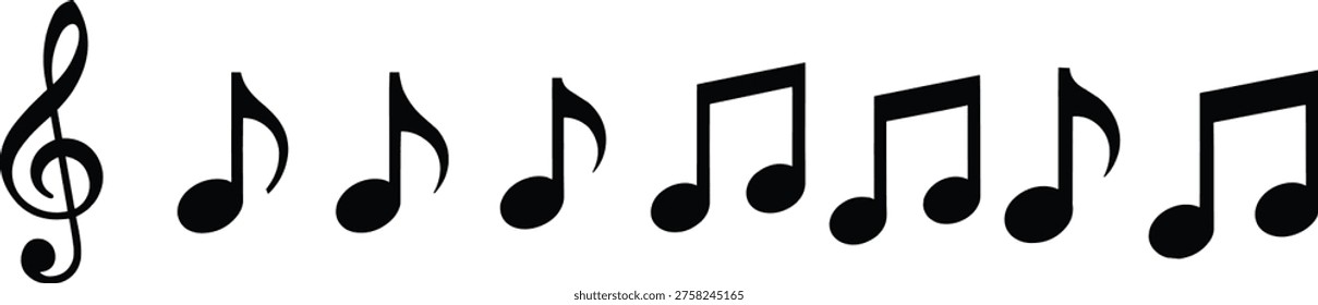Black musical notes and treble clef icon collection, vector song melody symbols isolated on white background for creative design.