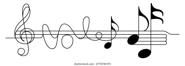 A black musical staff with notes and a treble clef on a pure white background, featuring various note types and a wavy line
