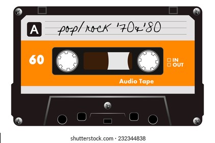 Música negra con etiquetas sucias naranja y gris, cinta de audio, ilustración de arte vectorial, concepto de tecnología de música antigua, diseño realista de estilo retro. aislado en fondo blanco, eps10