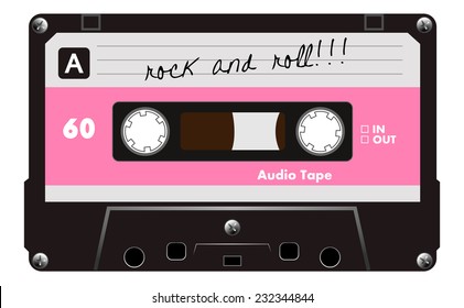 Black musiccasette with pink and gray dirty label, audio cassette tape, vector art image illustration, old music techonolgy concept, realistic retro style design. isolated on white background, eps10