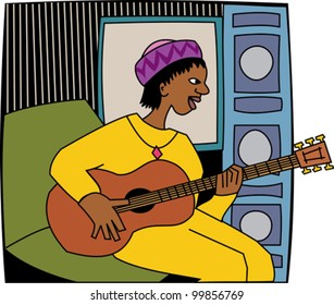 Black musician playing the guitar in a recording studio