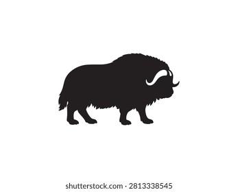 Black musk ox silhouette vector isolated on white background. Arctic mammal illustration suitable for wildlife, nature, conservation, zoology, and educational design projects.