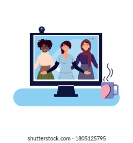 black muslim and black hair women cartoons in computer design, diversity people multiethnic race and community theme Vector illustration