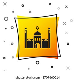 Black Muslim Mosque icon isolated on white background. Yellow square button. Vector Illustration