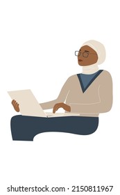 Black muslim woman with laptop in modern style. Freelancer girl in hijab and glasses. Concept of online education.Flat vector illustration isolated on white background.