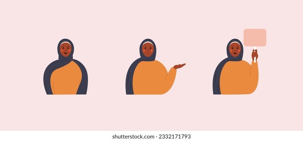 Black Muslim woman showing different gestures. Woman character in black headscarf in different poses - standing, presenting, holding a signboard.