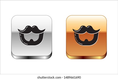 Black Mustache and beard icon isolated on white background. Barbershop symbol. Facial hair style. Silver-gold square button. Vector Illustration