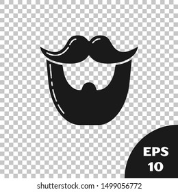 Black Mustache and beard icon isolated on transparent background. Barbershop symbol. Facial hair style.  Vector Illustration