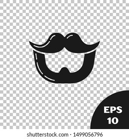 Black Mustache and beard icon isolated on transparent background. Barbershop symbol. Facial hair style.  Vector Illustration