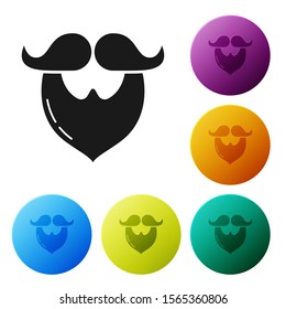 Black Mustache and beard icon isolated on white background. Barbershop symbol. Facial hair style. Set icons colorful circle buttons. Vector Illustration