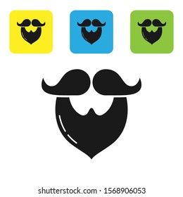 Black Mustache and beard icon isolated on white background. Barbershop symbol. Facial hair style. Set icons colorful square buttons. Vector Illustration