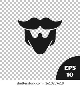 Black Mustache and beard icon isolated on transparent background. Barbershop symbol. Facial hair style.  Vector Illustration
