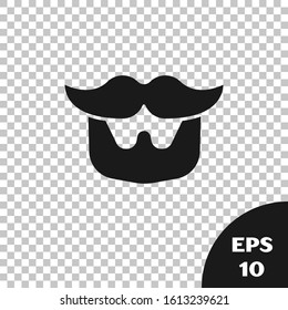 Black Mustache and beard icon isolated on transparent background. Barbershop symbol. Facial hair style.  Vector Illustration