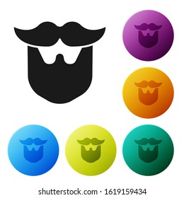 Black Mustache and beard icon isolated on white background. Barbershop symbol. Facial hair style. Set icons colorful circle buttons. Vector Illustration