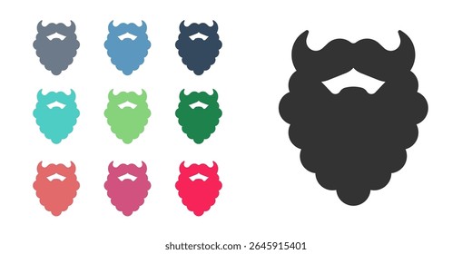 Ícone preto de bigode e barba isolado em fundo branco. Símbolo de barbearia. Estilo de cabelo facial. Defina os ícones com cores. Vetor