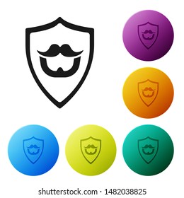 Black Mustache and beard on shield icon isolated on white background. Barbershop symbol. Facial hair style. Set icons colorful circle buttons. Vector Illustration