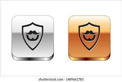 Black Mustache and beard on shield icon isolated on white background. Barbershop symbol. Facial hair style. Silver-gold square button. Vector Illustration