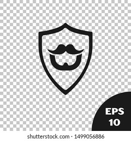 Black Mustache and beard on shield icon isolated on transparent background. Barbershop symbol. Facial hair style.  Vector Illustration