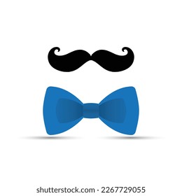 bigote negro y bowtie azul sobre fondo blanco