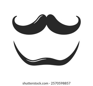 Black mustache and curved smile depicted in a minimalist, clean vector style on a white background. Concept of masculinity, humor, and classic design. Vector illustration