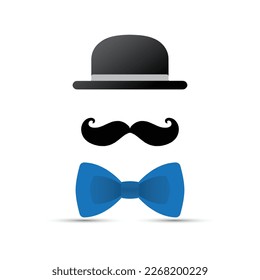 Black mustache, hat and blue bowtie on white background