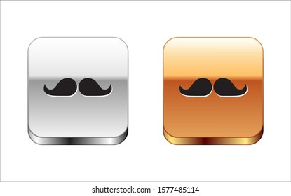 Black Mustache icon isolated on white background. Barbershop symbol. Facial hair style. Silver-gold square button. Vector Illustration