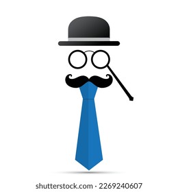 Black mustache, lorgnette, hat and blue tie on white background